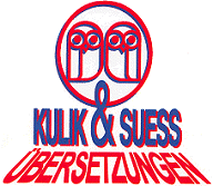 Zwei Eulen in einem Kreis über dem Schriftzug "Kulik & Suess Übersetzungen" in Blau und Rot.