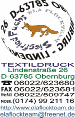 Firmenlogo mit Fuchs, Textildruckadresse und Kontaktdaten in Obernburg, Deutschland.