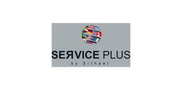 Logo "Service Plus" con bandiere nazionali in un cerchio multicolore. Sfondo grigio chiaro.