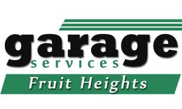 "Logo of Garage Services Fruit Heights in bold black and green text with stripes."