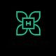 Groen logo met gestileerde bloem en letter H in het midden op een zwarte achtergrond.