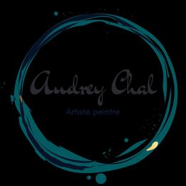 Logo circulaire bleu avec le texte "Audrey Chal, Artiste peintre" sur fond noir.