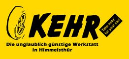 Gelbes Logo mit schwarzem Text: "Kehr" und "Die unglaublich günstige Werkstatt in Himmelsthür".