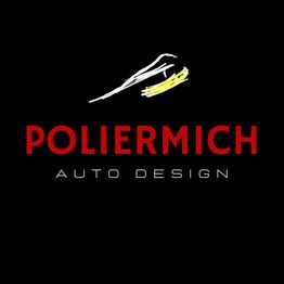 Schwarzes Logo mit rotem Text "PolierMich", darunter "Auto Design", und einem stilisierten Autoumriss.