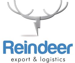 Logo mit Rentiergeweih und Text "Reindeer export & logistics" in Blau und Schwarz.