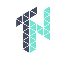 Grafik mit geometrischen Dreiecken in Form des Buchstabens "H" in Blau- und Grüntönen.