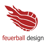 Rotes Feuerball-Logo über dem Schriftzug "feuerball design".