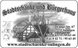 Stadtschänke und Bürgerhaus Werbung mit Fachwerkgebäude, Adresse und Kontaktinformationen.