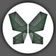 Logo geométrico verde oscuro en forma de mariposa sobre fondo blanco.