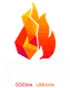 Llama geométrica con texto: "Fuego Cocina Urbana".