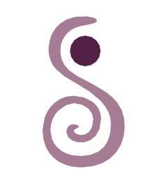 Simbolo astratto viola con spirale, sormontato da un punto scuro.