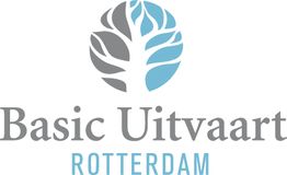 Logo van Basic Uitvaart Rotterdam met een gestileerde boom in grijs en blauw.