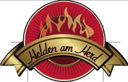 Rot-goldenes Logo mit Flammen und Schriftzug "Helden am Herd".
