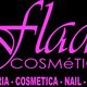 Logo di "flada COSMÉTIQUE" in rosa su sfondo nero con testo su profumeria e make-up.