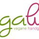 Veganes Pralinen-Logo in Grün und Pink mit Herzmotiv und Schriftzug "Vegalinen".