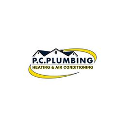 Logo of P.C. Plumbing, Heating & Air Conditioning with house roof and yellow swoosh design.