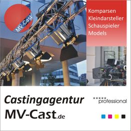 Bühnenbeleuchtung, Kamera, Castingagentur MV-Cast Logo und Text über Schauspieler und Models.