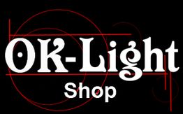 "Logo mit 'OK-Light Shop' in weiß auf schwarzem Hintergrund mit roten Kreisen."