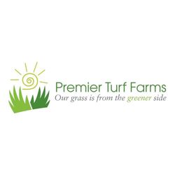 Logo of Premier Turf Farms with a sun and grass, text: "Our grass is from the greener side."