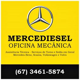 Logo da oficina Mercediesel com contato e serviços para Mercedes, Scania, Volkswagen e Volvo.