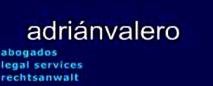 Texto azul sobre fondo azul oscuro: "adriánvalero", "abogados", "legal services", "rechtsanwalt".