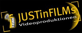 Logo mit gelbem "JUSTinFILMs" und "Videoproduktionen" auf schwarzem Hintergrund, Filmrolle links.