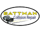 Battman Collision Repair logo with a vintage police car on a black background.
