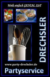 Kochutensilien und Speisen mit der Aufschrift "Drechsler Partyservice".