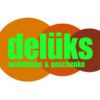 Logo mit drei überlappenden Kreisen, Text: "delüks wohnideen & geschenke" in Grün.