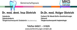 "Praxis-Visitenkarte mit Infos zu Dr. med. dent. Insa Dietrich und Dr.Dr. med. Holger Dietrich."