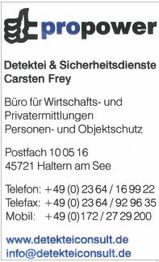 Visitenkarte von "propower" Detektei & Sicherheitsdienste mit Kontaktinfos und Internetseiten.
