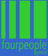 Grünes Logo mit vier Balken und dem Text "fourpeople gmbh" darunter auf blauem Hintergrund.