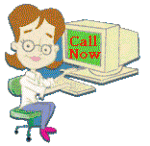 Zeichentrickfigur am Computer mit "Call Now"-Text auf dem Bildschirm.