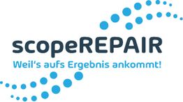 Logo mit Text: "scopeREPAIR – Weil's aufs Ergebnis ankommt!" in Blau mit Punkten.
