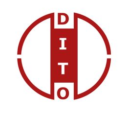 Rotes DITO-Logo mit kreisförmigem Design und vertikaler Schrift im Zentrum.