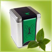 Metalldose mit grünem Etikett, daneben grüne Blätter auf grünem Hintergrund.