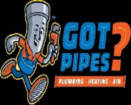 Cartoon pipe with wrench, next to text "Got Pipes? Plumbing Heating Air" on a black background.