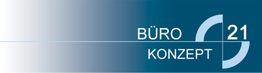 Blau-weißes Logo mit der Aufschrift "BÜRO KONZEPT 21" und einem kreisförmigen Designelement.