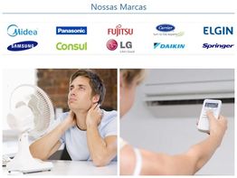 Homem suando perto de ventilador, outro usa controle remoto. Marcas de eletrônicos acima.