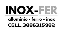 Logo INOX-FER. Testo: alluminio, ferro, inox. Contatto: CELL.3886315982.