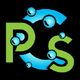 Letters "P" and "S" with bubbles and a blue, curved arrow on a black background.