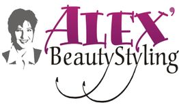 Logo mit Schriftzug "ALEX' BeautyStyling" und Abbildung einer lächelnden Person in Schwarz-Weiß.