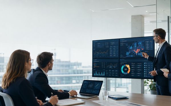 Risikomanager analysieren digitale Dashboards mit Risikoindikatoren, Compliance-Daten und Cybersecurity-Kennzahlen zur Umsetzung von StaRUG, MaRisk und DORA.