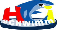 Hai mit Schwimmring und Schriftzug "Hai Schwimm".
