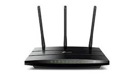 Black Wi-Fi router with three antennas and front indicator lights.