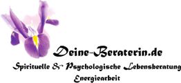 Blühende lila Iris neben dem Text: "Deine-Beraterin.de Spirituelle & Psychologische Lebensberatung".