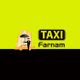 Gelbes Taxi-Logo mit einer Figur und Gebäude-Silhouetten, Text: "TAXI Farnam".
