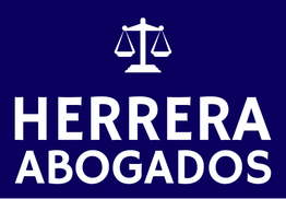 Texto "Herrera Abogados" con símbolo de balanza sobre fondo azul oscuro.