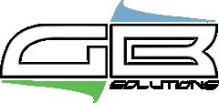 Logo di "GB Solutions" con lettere stilizzate, sfondo con forme blu e verde.