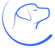 Blauer Hundekopf in Seitenansicht, minimalistisch gezeichnet auf weißem Hintergrund.